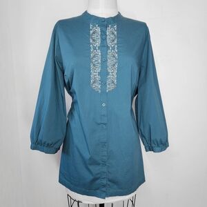 Dana Buchman Sze 2X Shirt Button Down 100% Cotton Beaded Mandarin Teal Turquoise